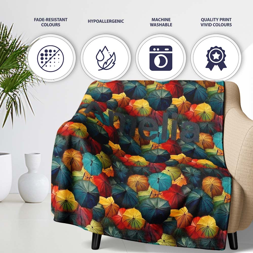 Vibrant Multicolor Umbrella Cluster with Deep Tones Seamless  Personalised Custom Name Super Soft Fleece Blanket Bed Sofa Throw