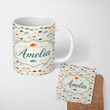 Personalized Custom Name Minimal Umbrella Pattern in Soft Neutral and Teal Shades Seamless 11oz Ceramic Coffee Tea Mug White Large Handle