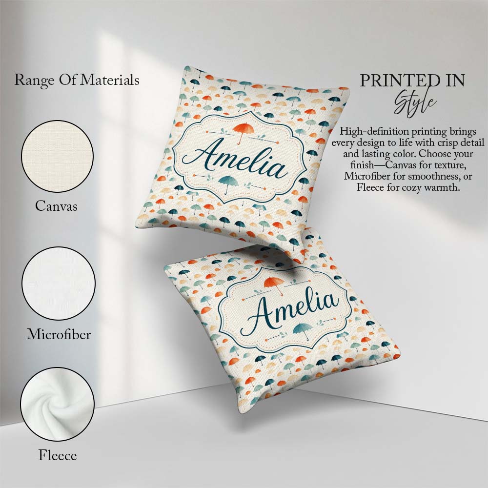 Custom Name Minimal Umbrella Pattern in Soft Neutral Teal Shades Square Filled Cushion Throw Pillow Sofa Bed Home Decor Zip Washable UK Made