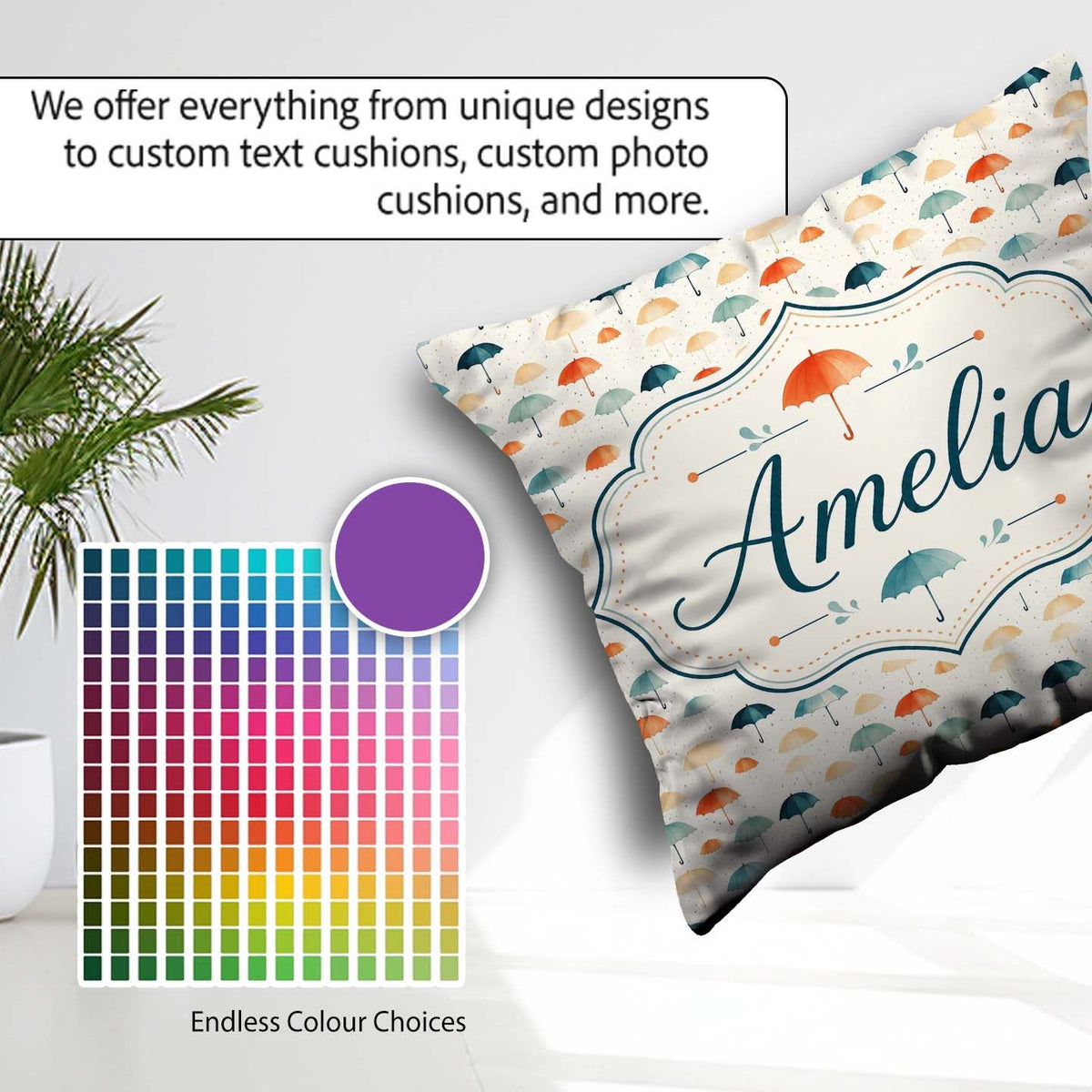 Custom Name Minimal Umbrella Pattern in Soft Neutral Teal Shades Square Filled Cushion Throw Pillow Sofa Bed Home Decor Zip Washable UK Made