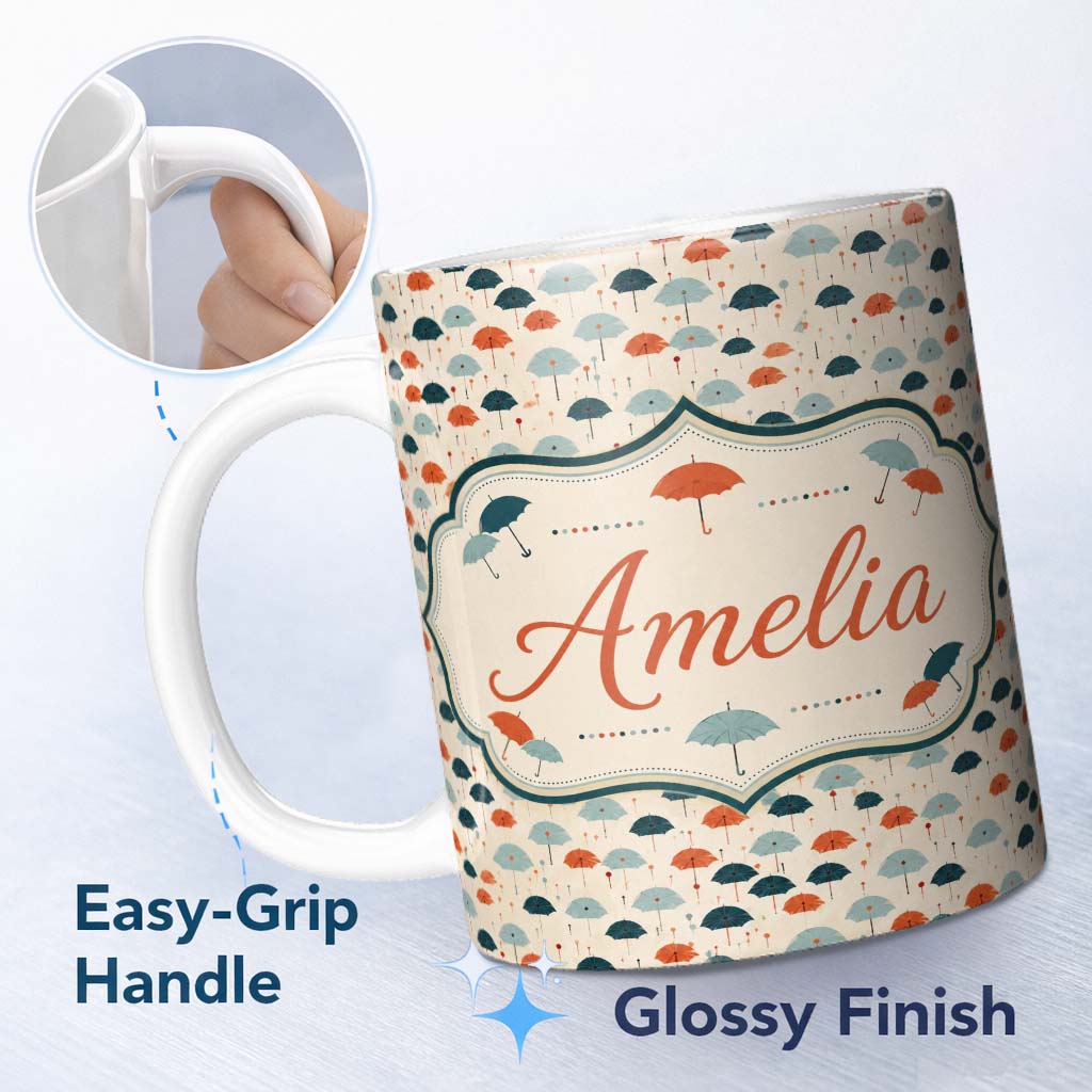 Personalized Custom Name Small Umbrellas in Teal and Orange on Cream Seamless Pattern Name 11oz Ceramic Coffee Tea Mug White Large Handle
