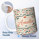 Personalized Custom Name Small Umbrellas in Teal and Orange on Cream Seamless Pattern Name 11oz Ceramic Coffee Tea Mug White Large Handle