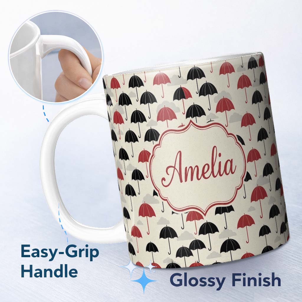 Personalized Custom Name Bold Black and Red Umbrellas with Cloud Background Seamless Pattern 11oz Ceramic Coffee Tea Mug White Large Handle