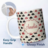 Personalized Custom Name Bold Black and Red Umbrellas with Cloud Background Seamless Pattern 11oz Ceramic Coffee Tea Mug White Large Handle