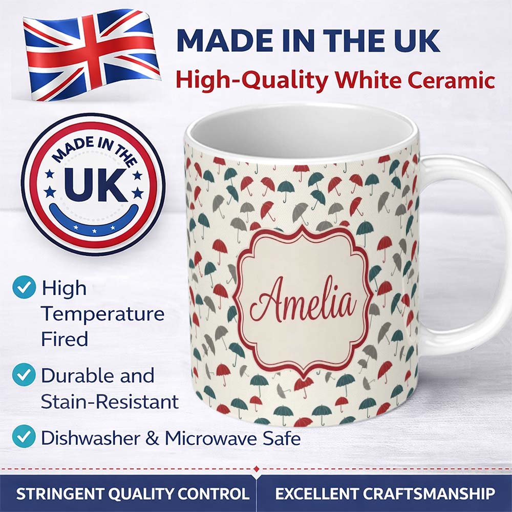 Personalized Custom Name Soft Neutral Umbrellas with Subtle Rain Dots Seamless Pattern Name 11oz Ceramic Coffee Tea Mug White Large Handle