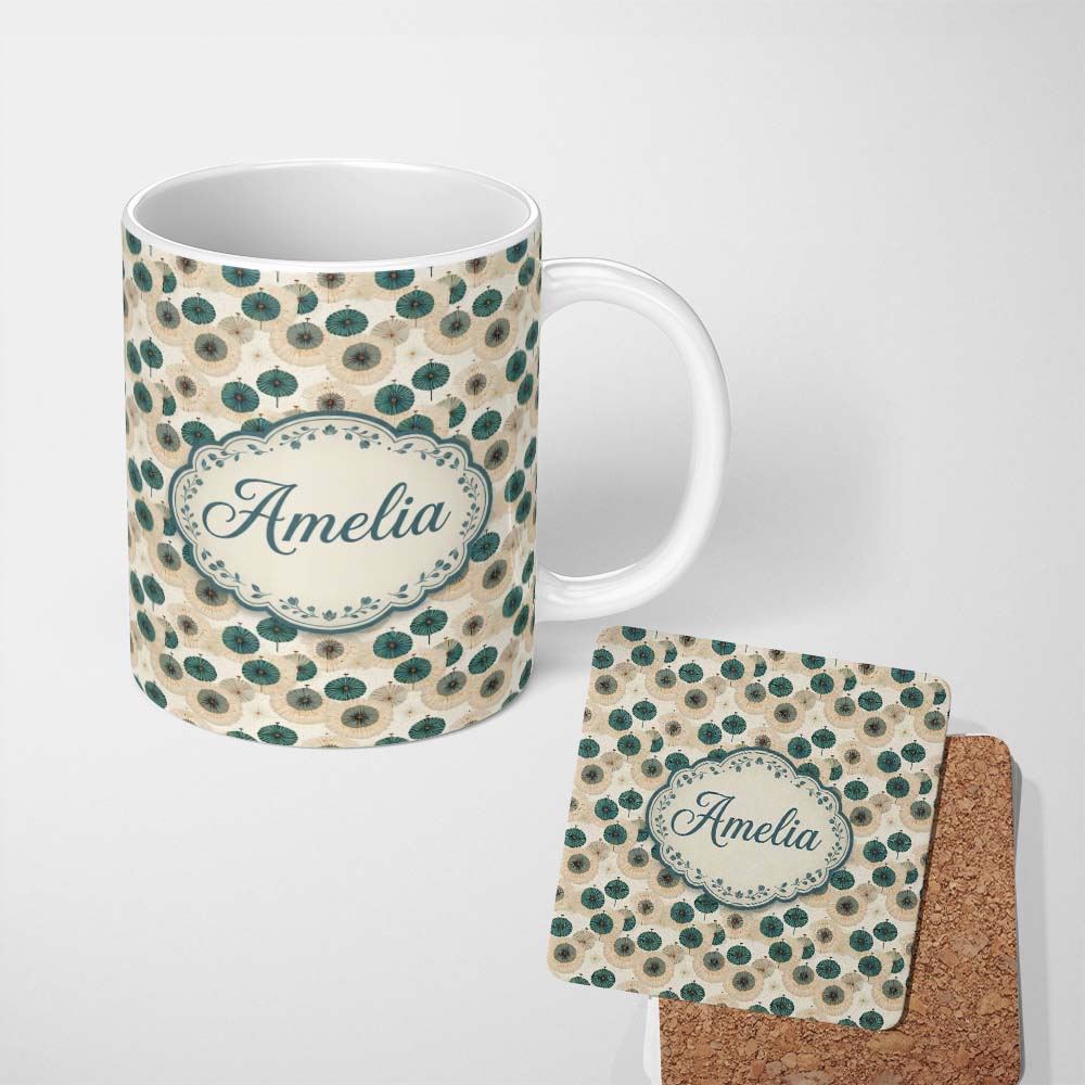 Personalized Custom Name Vintage Paper Parasol Circles in Teal and Beige Seamless Pattern 11oz Ceramic Coffee Tea Mug White Large Handle