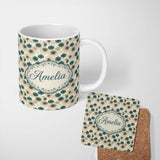 Personalized Custom Name Vintage Paper Parasol Circles in Teal and Beige Seamless Pattern 11oz Ceramic Coffee Tea Mug White Large Handle