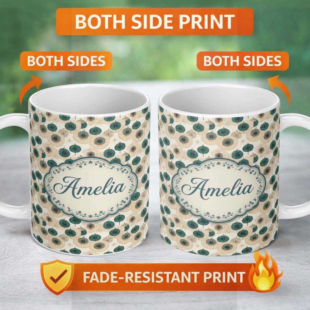 Personalized Custom Name Vintage Paper Parasol Circles in Teal and Beige Seamless Pattern 11oz Ceramic Coffee Tea Mug White Large Handle