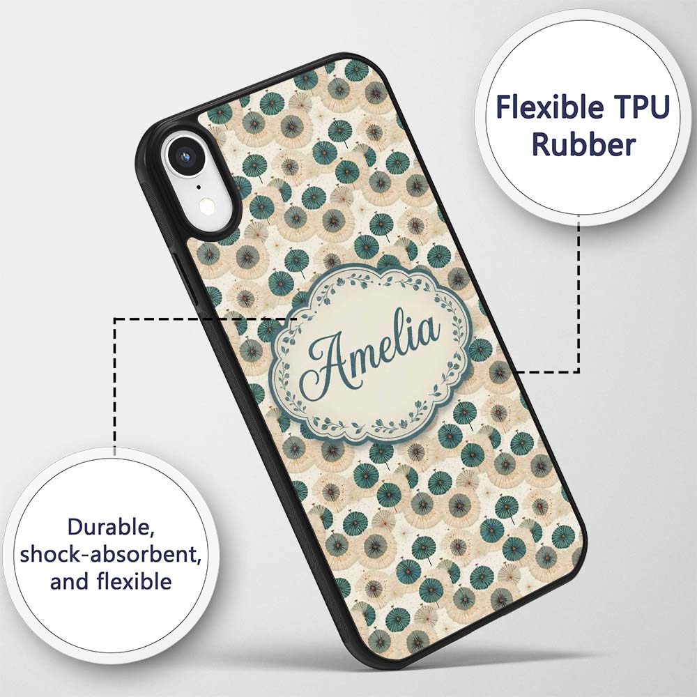Vintage Paper Parasol Circles in Teal and Beige Custom Name Protective Phone Case Mobile Cover Durable Everyday Smartphone Shock Resistant
