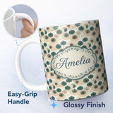 Personalized Custom Name Vintage Paper Parasol Circles in Teal and Beige Seamless Pattern 11oz Ceramic Coffee Tea Mug White Large Handle