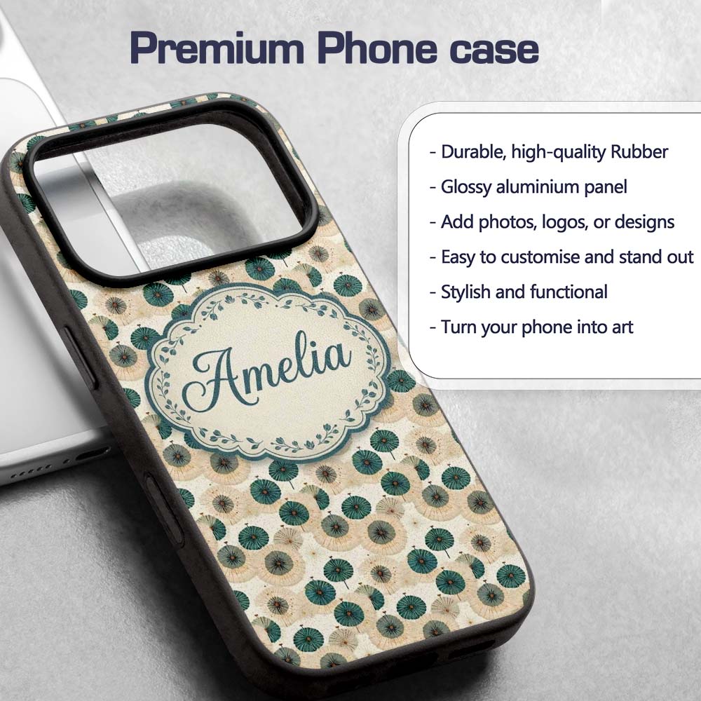 Vintage Paper Parasol Circles in Teal and Beige Custom Name Protective Phone Case Mobile Cover Durable Everyday Smartphone Shock Resistant