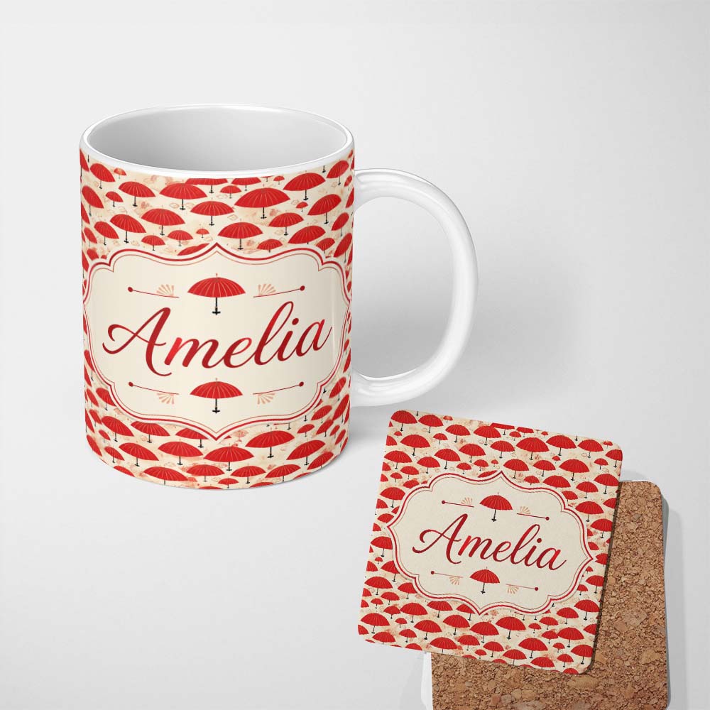 Personalized Custom Name Traditional Red Asian Parasols with Decorative Motifs Seamless 11oz Ceramic Coffee Tea Mug White Large Handle