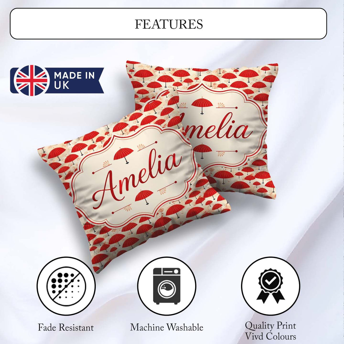 Custom Name Traditional Red Asian Parasols with Motifs Seamless Square Filled Cushion Throw Pillow Sofa Bed Home Decor Zip Washable UK Made