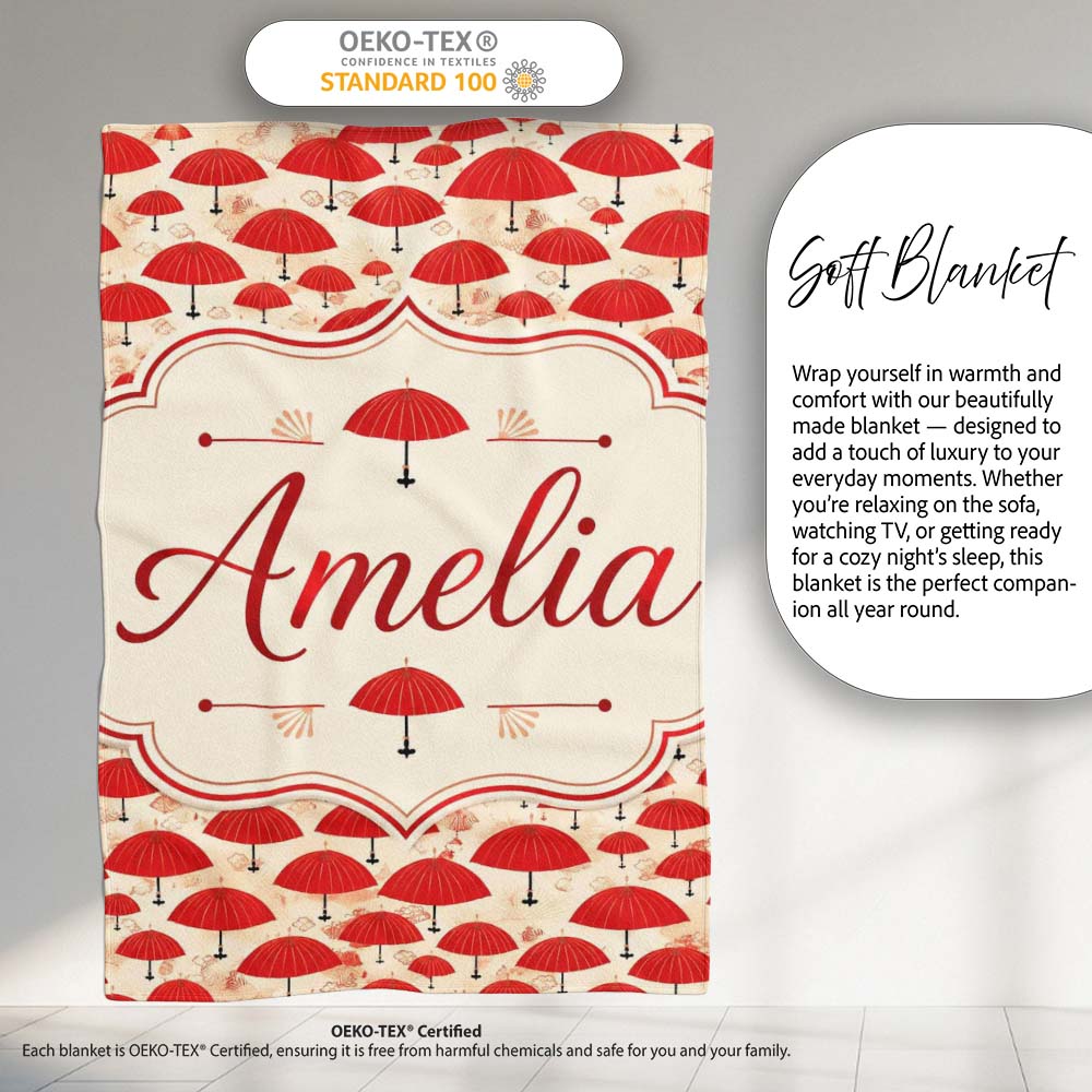 Traditional Red Asian Parasols with Decorative Motifs Seamless  Personalised Custom Name Super Soft Fleece Blanket Bed Sofa Throw