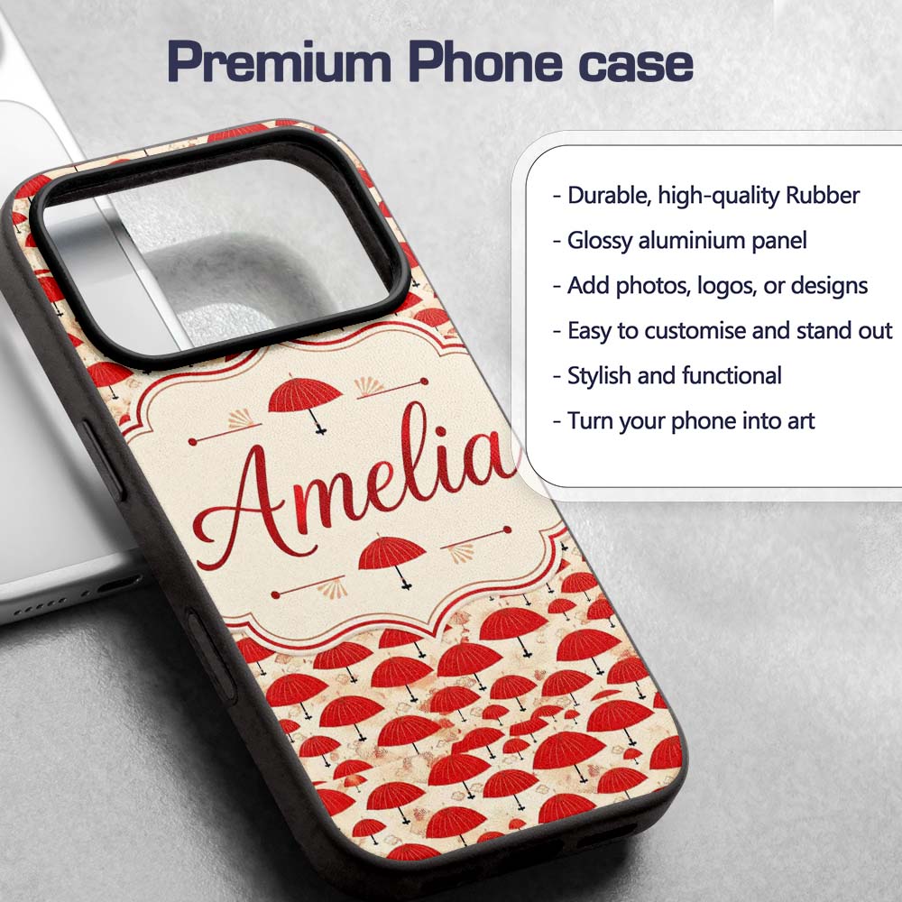 Traditional Red Asian Parasols with Decorative Custom Name Protective Phone Case Mobile Cover Durable Everyday Smartphone Shock Resistant