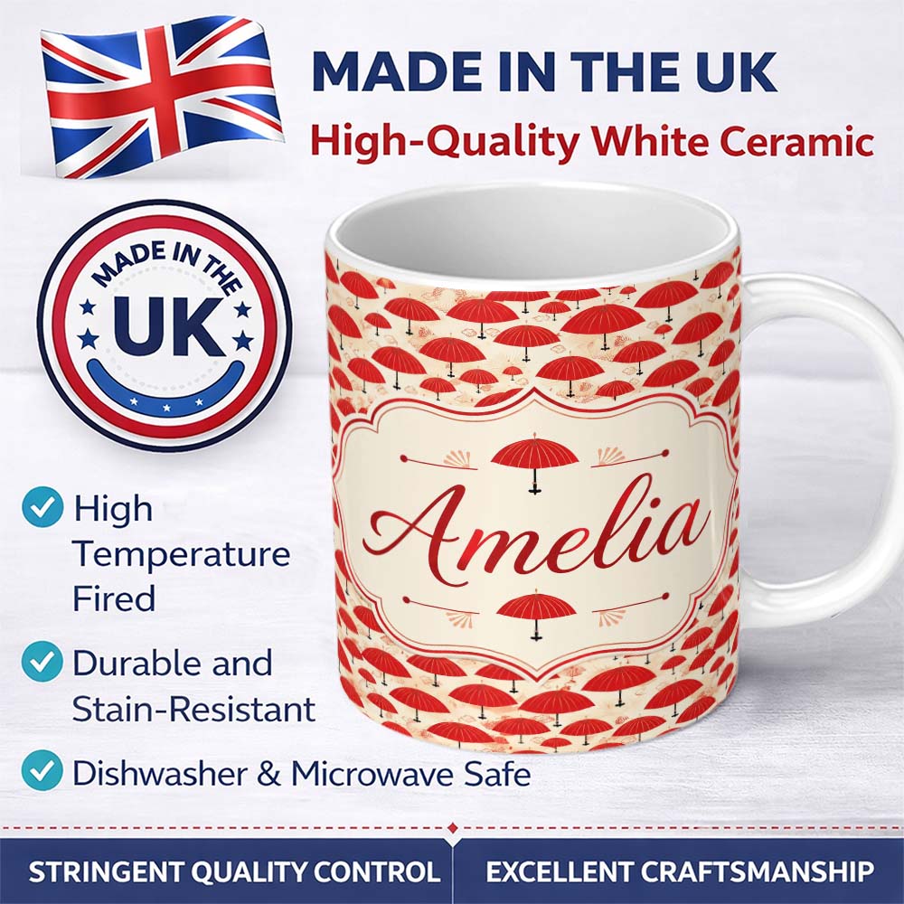 Personalized Custom Name Traditional Red Asian Parasols with Decorative Motifs Seamless 11oz Ceramic Coffee Tea Mug White Large Handle