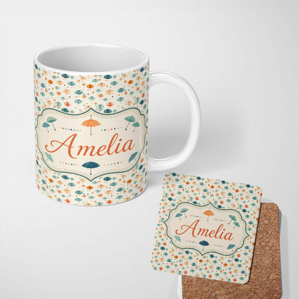 Personalized Custom Name Watercolor Style Umbrellas with Soft Pastel Splashes Seamless 11oz Ceramic Coffee Tea Mug White Large Handle