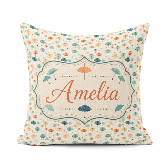 Custom Name Watercolor Style Umbrellas with Soft Pastel Splashes Square Filled Cushion Throw Pillow Sofa Bed Home Decor Zip Washable UK Made