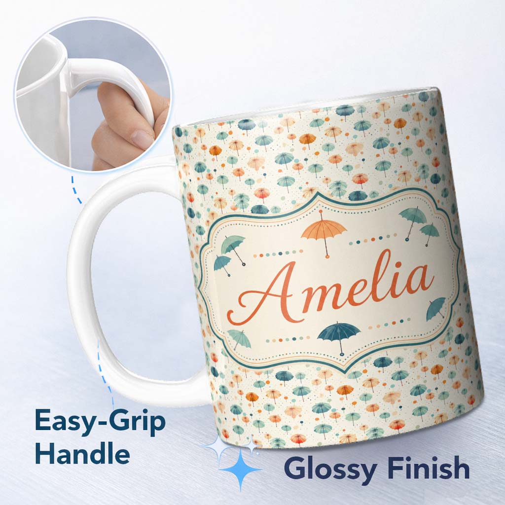 Personalized Custom Name Watercolor Style Umbrellas with Soft Pastel Splashes Seamless 11oz Ceramic Coffee Tea Mug White Large Handle