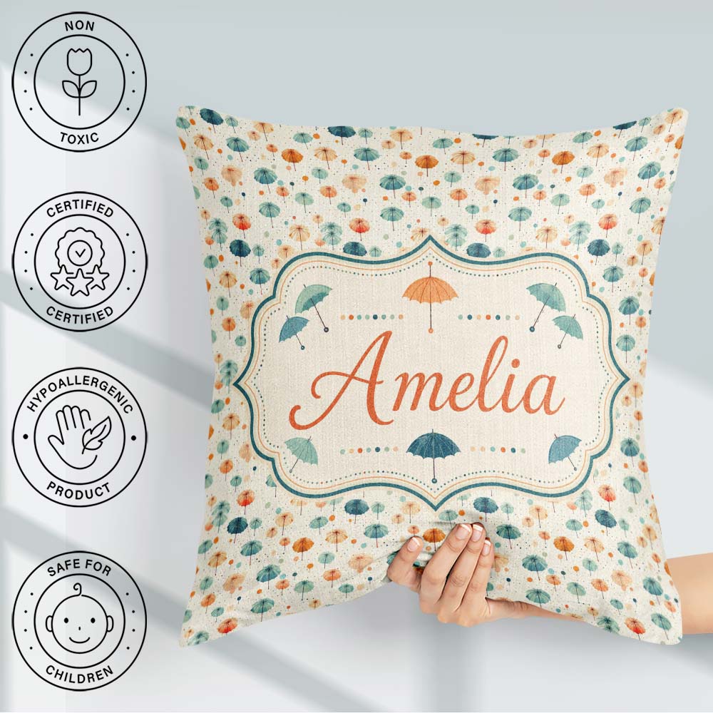 Custom Name Watercolor Style Umbrellas with Soft Pastel Splashes Square Filled Cushion Throw Pillow Sofa Bed Home Decor Zip Washable UK Made