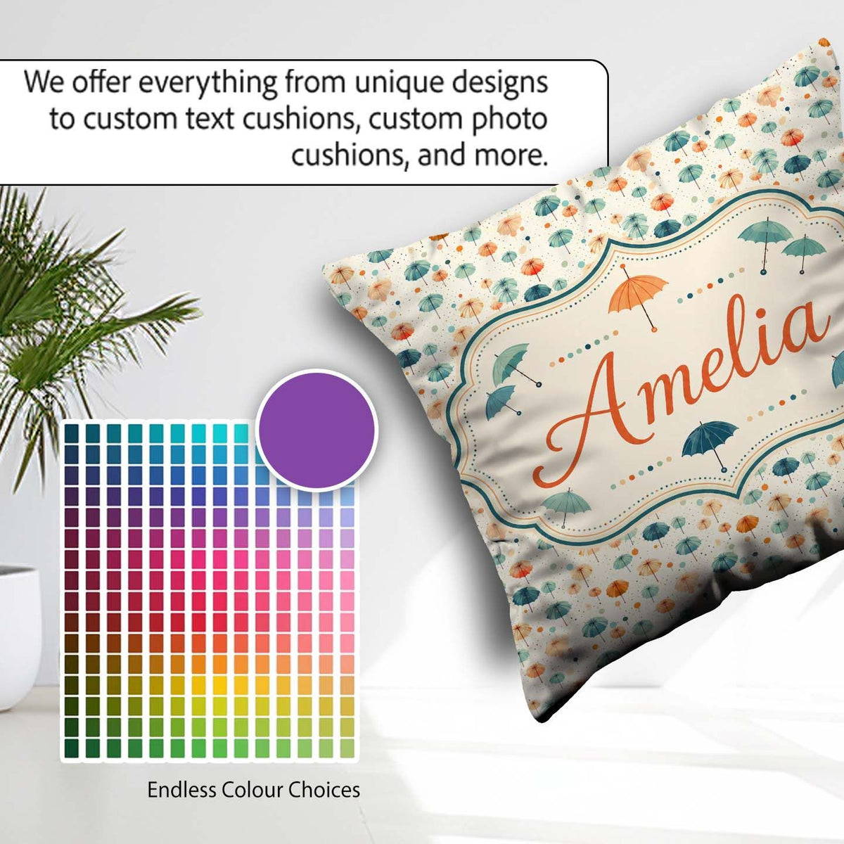 Custom Name Watercolor Style Umbrellas with Soft Pastel Splashes Square Filled Cushion Throw Pillow Sofa Bed Home Decor Zip Washable UK Made