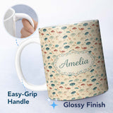 Personalized Custom Name Delicate Umbrellas with Floral Accents on Beige Seamless Pattern 11oz Ceramic Coffee Tea Mug White Large Handle