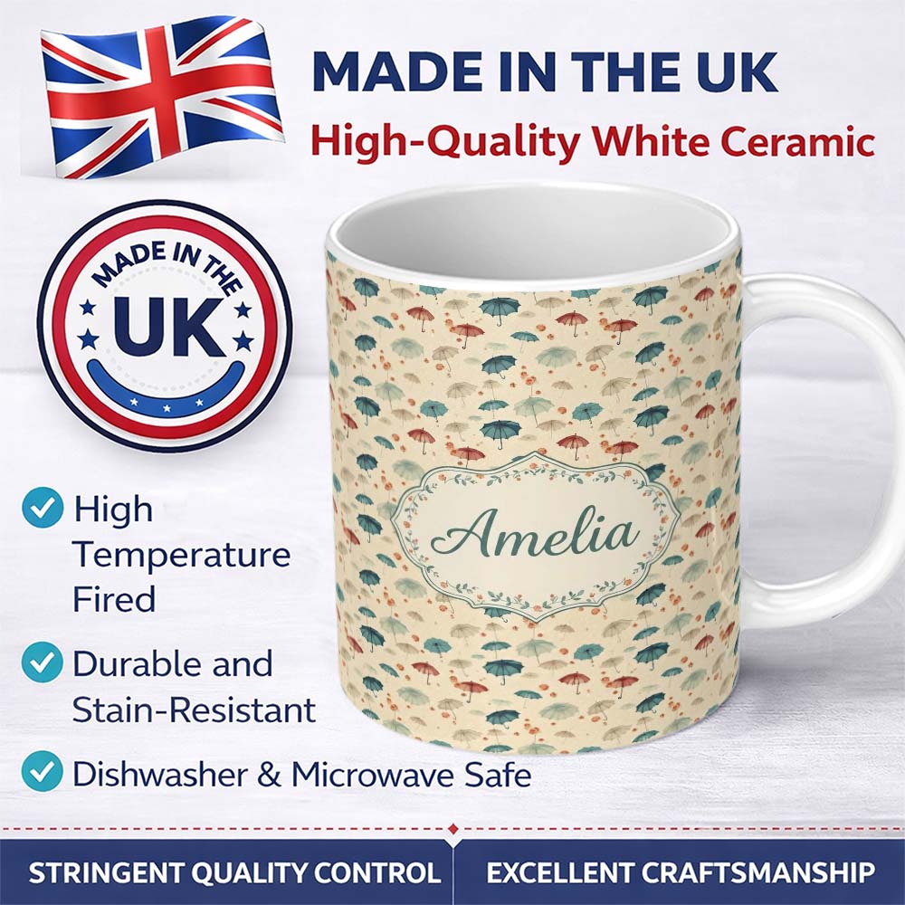 Personalized Custom Name Delicate Umbrellas with Floral Accents on Beige Seamless Pattern 11oz Ceramic Coffee Tea Mug White Large Handle