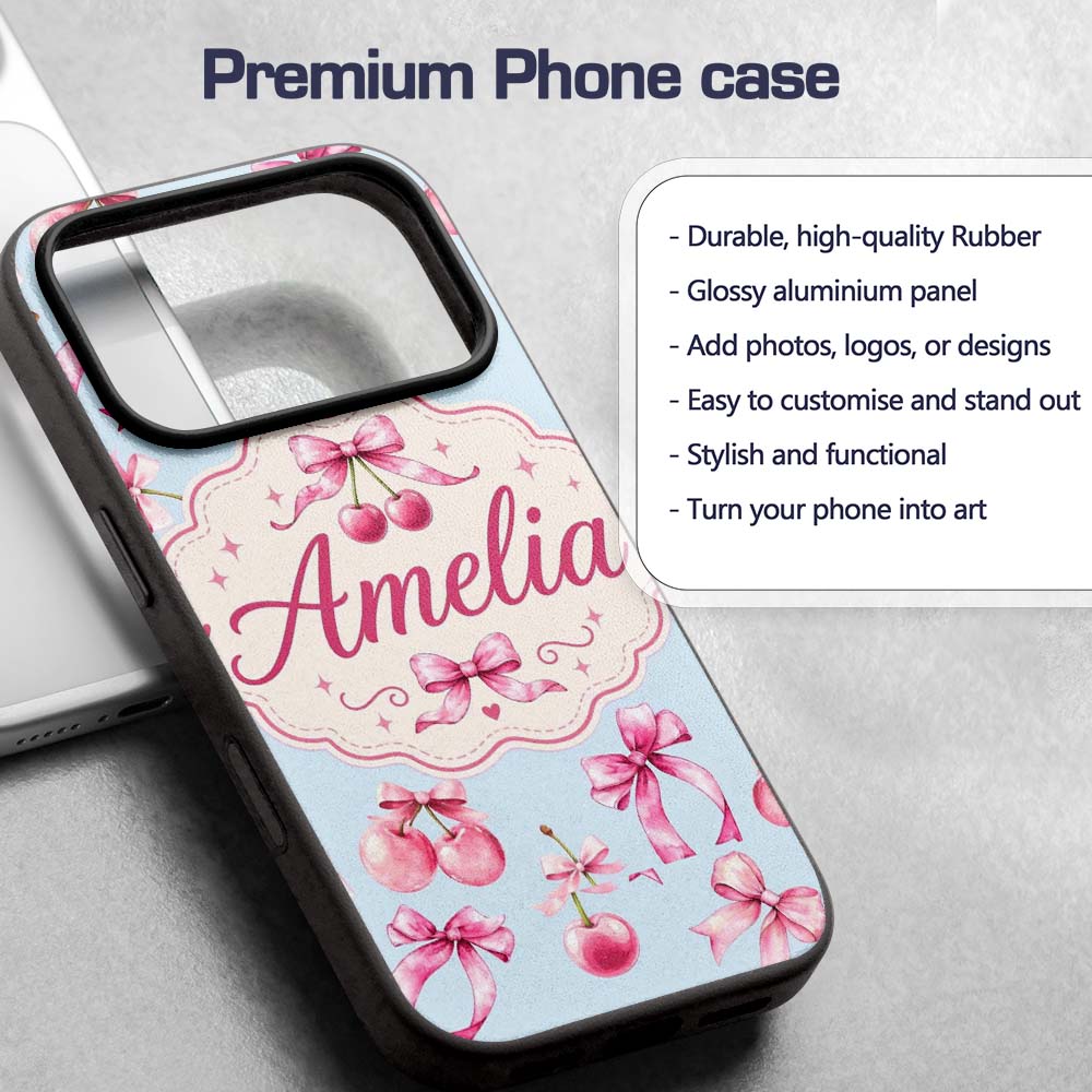 Watercolor Cherry Bow Ribbon Decorative Design Custom Name Protective Phone Case Mobile Cover Durable Everyday Smartphone Shock Resistant