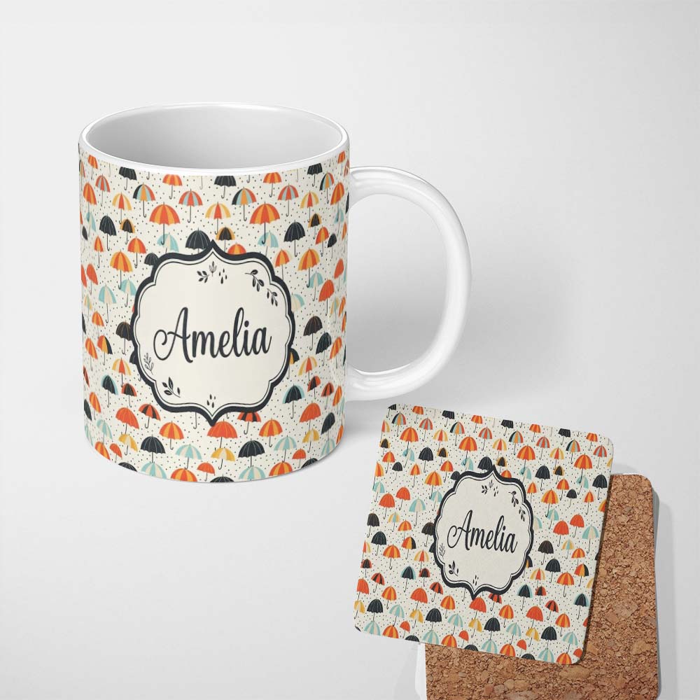 Personalized Custom Name Playful Umbrellas with Raindrops and Dots Seamless Pattern Name Cute 11oz Ceramic Coffee Tea Mug White Large Handle
