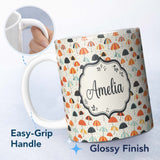 Personalized Custom Name Playful Umbrellas with Raindrops and Dots Seamless Pattern Name Cute 11oz Ceramic Coffee Tea Mug White Large Handle