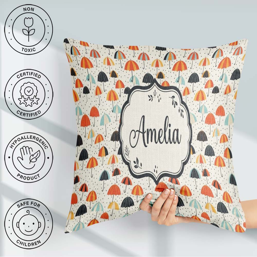 Custom Name Umbrellas with Raindrops and Dots Seamless Name Cute Square Filled Cushion Throw Pillow Sofa Bed Home Decor Zip Washable UK Made