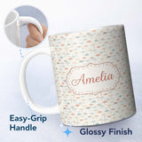 Personalized Custom Name Soft Pastel Umbrellas with Tiny Hearts Seamless Pattern Name Cute 11oz Ceramic Coffee Tea Mug White Large Handle
