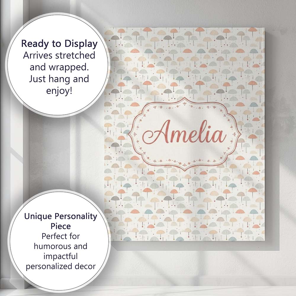 Personalised Name Soft Pastel Umbrellas Custom  Modern Room Accent Elegant Feature Canvas Wall Art Print Decor Picture Ready to Hang