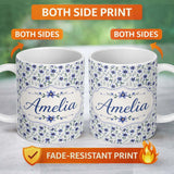 Personalized Custom Name Elegant Blue Floral Leaves and Blossoms Seamless Pattern Name Cute 11oz Ceramic Coffee Tea Mug White Large Handle