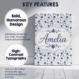 Personalised Name Elegant Blue Floral Custom Modern Room Accent Creative Decorator Style Canvas Wall Art Print Decor Picture Ready to Hang