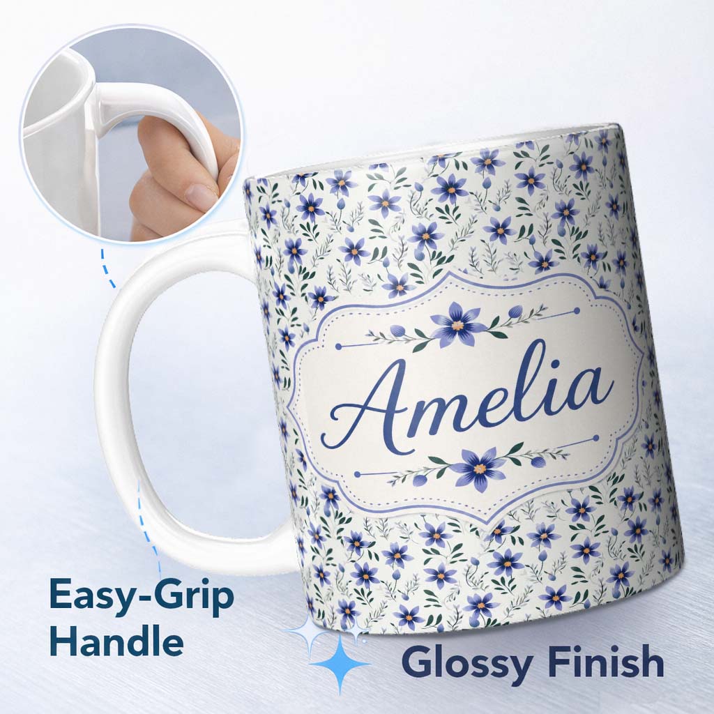 Personalized Custom Name Elegant Blue Floral Leaves and Blossoms Seamless Pattern Name Cute 11oz Ceramic Coffee Tea Mug White Large Handle
