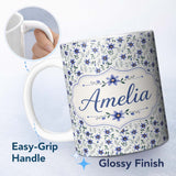 Personalized Custom Name Elegant Blue Floral Leaves and Blossoms Seamless Pattern Name Cute 11oz Ceramic Coffee Tea Mug White Large Handle