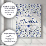 Personalised Name Elegant Blue Floral Custom Modern Room Accent Creative Decorator Style Canvas Wall Art Print Decor Picture Ready to Hang