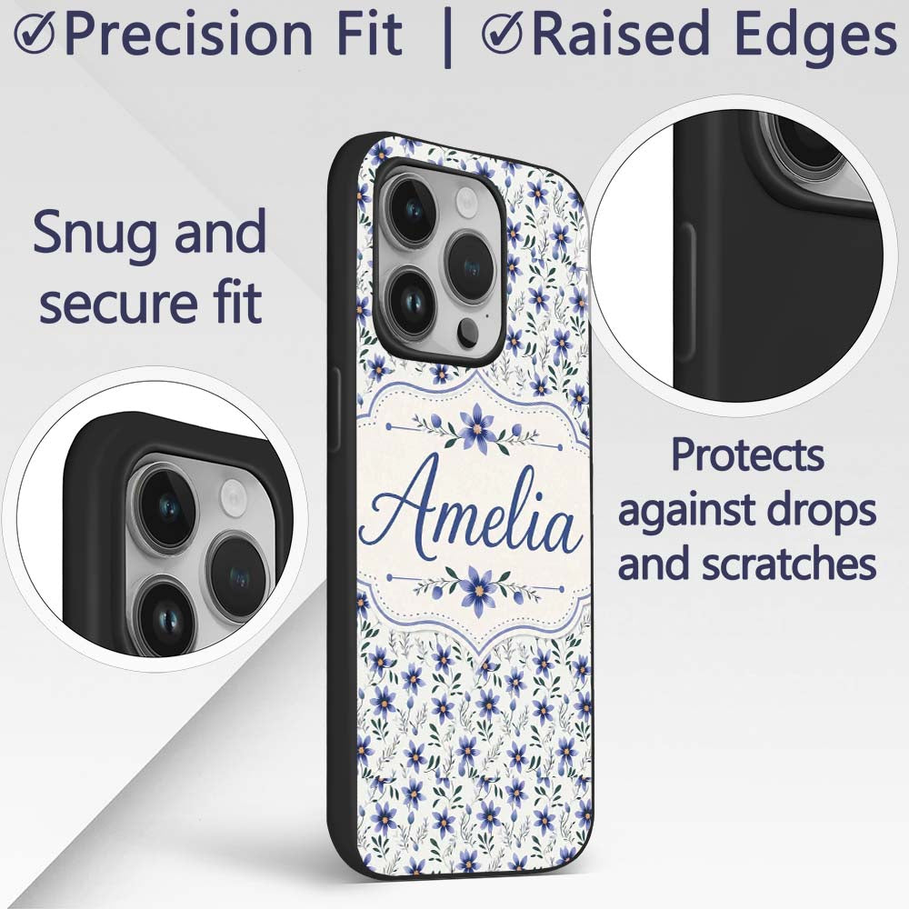 Elegant Blue Floral Leaves and Blossoms Seamless Custom Name Protective Phone Case Mobile Cover Durable Everyday Smartphone Shock Resistant