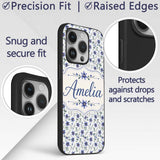 Elegant Blue Floral Leaves and Blossoms Seamless Custom Name Protective Phone Case Mobile Cover Durable Everyday Smartphone Shock Resistant