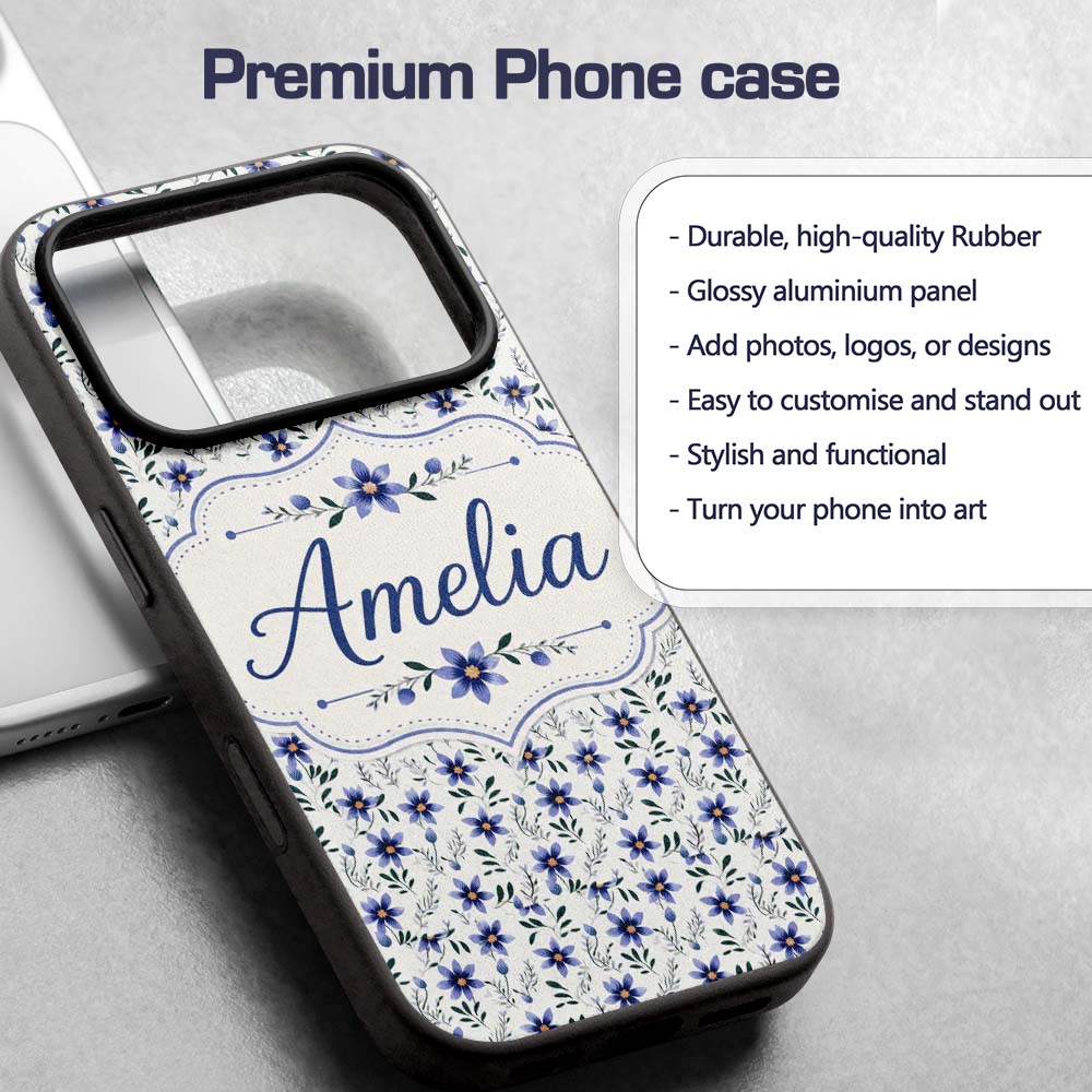 Elegant Blue Floral Leaves and Blossoms Seamless Custom Name Protective Phone Case Mobile Cover Durable Everyday Smartphone Shock Resistant