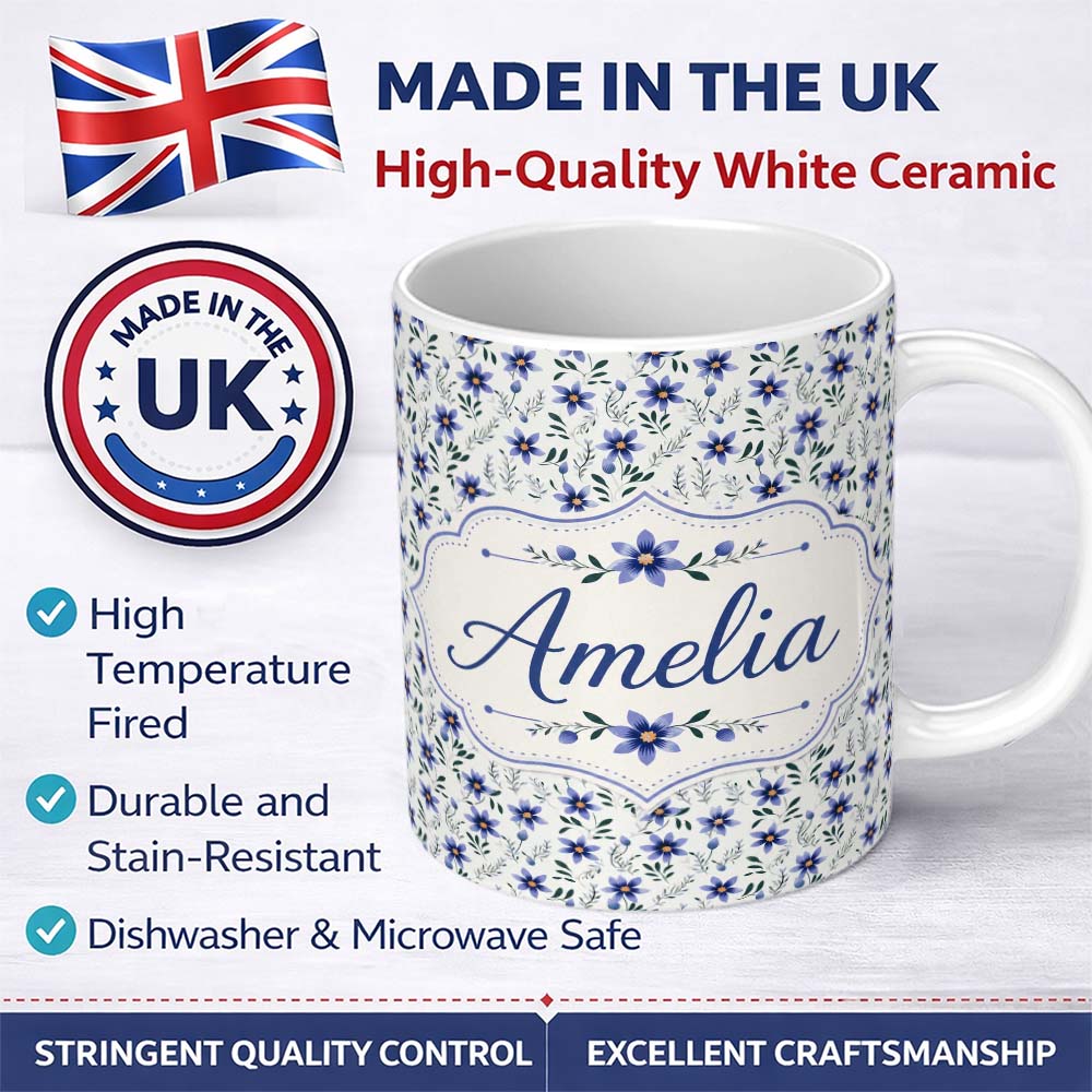 Personalized Custom Name Elegant Blue Floral Leaves and Blossoms Seamless Pattern Name Cute 11oz Ceramic Coffee Tea Mug White Large Handle