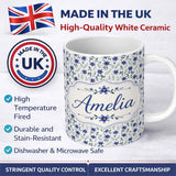 Personalized Custom Name Elegant Blue Floral Leaves and Blossoms Seamless Pattern Name Cute 11oz Ceramic Coffee Tea Mug White Large Handle