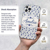 Elegant Blue Floral Leaves and Blossoms Seamless Custom Name Protective Phone Case Mobile Cover Durable Everyday Smartphone Shock Resistant