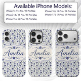 Elegant Blue Floral Leaves and Blossoms Seamless Custom Name Protective Phone Case Mobile Cover Durable Everyday Smartphone Shock Resistant