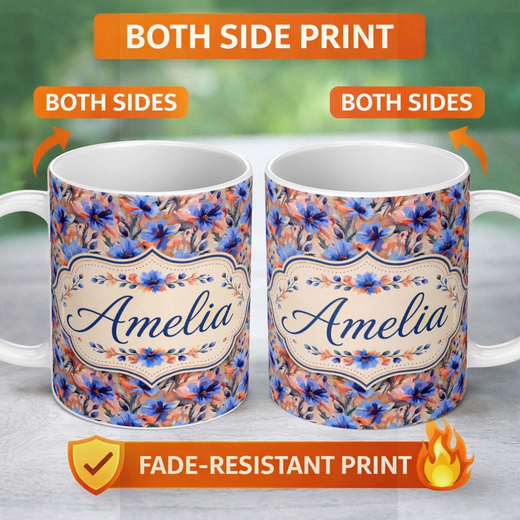 Personalized Custom Name Bold Painterly Blue and Coral Flowers Seamless Pattern Name Cute 11oz Ceramic Coffee Tea Mug White Large Handle