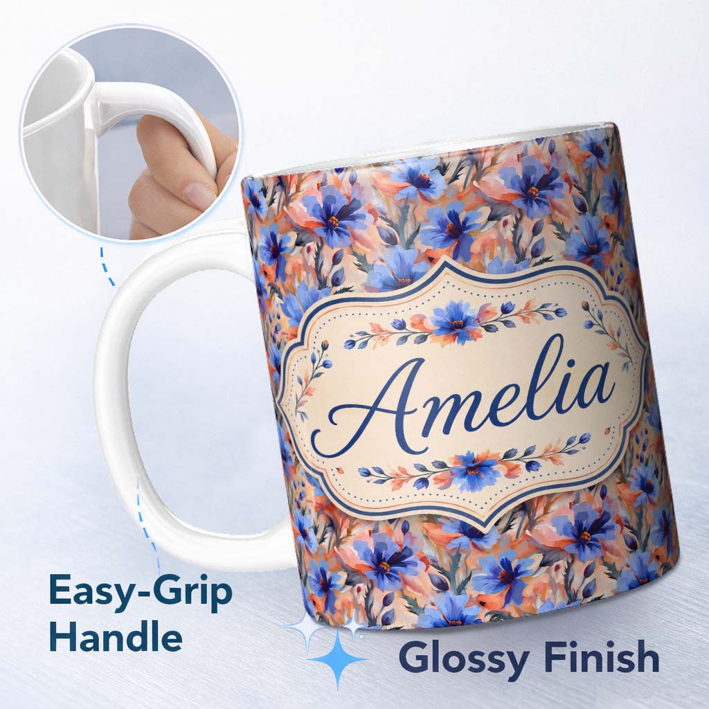 Personalized Custom Name Bold Painterly Blue and Coral Flowers Seamless Pattern Name Cute 11oz Ceramic Coffee Tea Mug White Large Handle