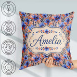 Custom Name Bold Painterly Blue and Coral Flowers Seamless Name Square Filled Cushion Throw Pillow Sofa Bed Home Decor Zip Washable UK Made