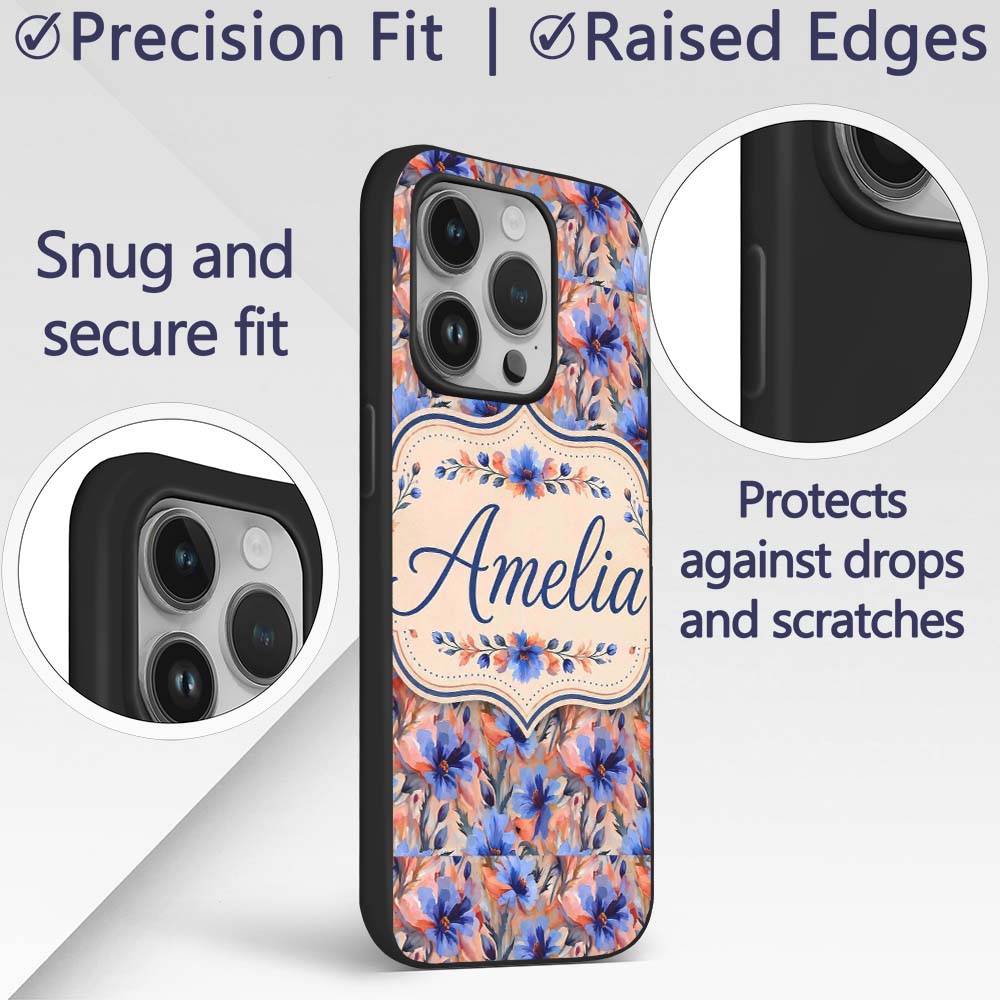 Bold Painterly Blue and Coral Flowers Seamless Custom Name Protective Phone Case Mobile Cover Durable Everyday Smartphone Shock Resistant
