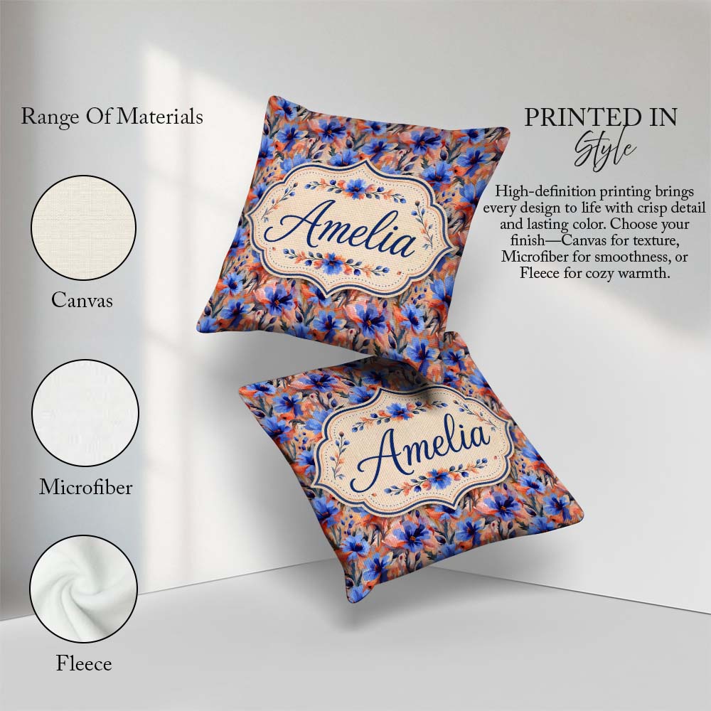 Custom Name Bold Painterly Blue and Coral Flowers Seamless Name Square Filled Cushion Throw Pillow Sofa Bed Home Decor Zip Washable UK Made